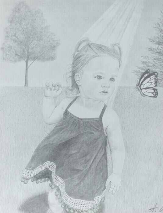 Graphite drawing of a young child reaching toward a butterfly in a meadow