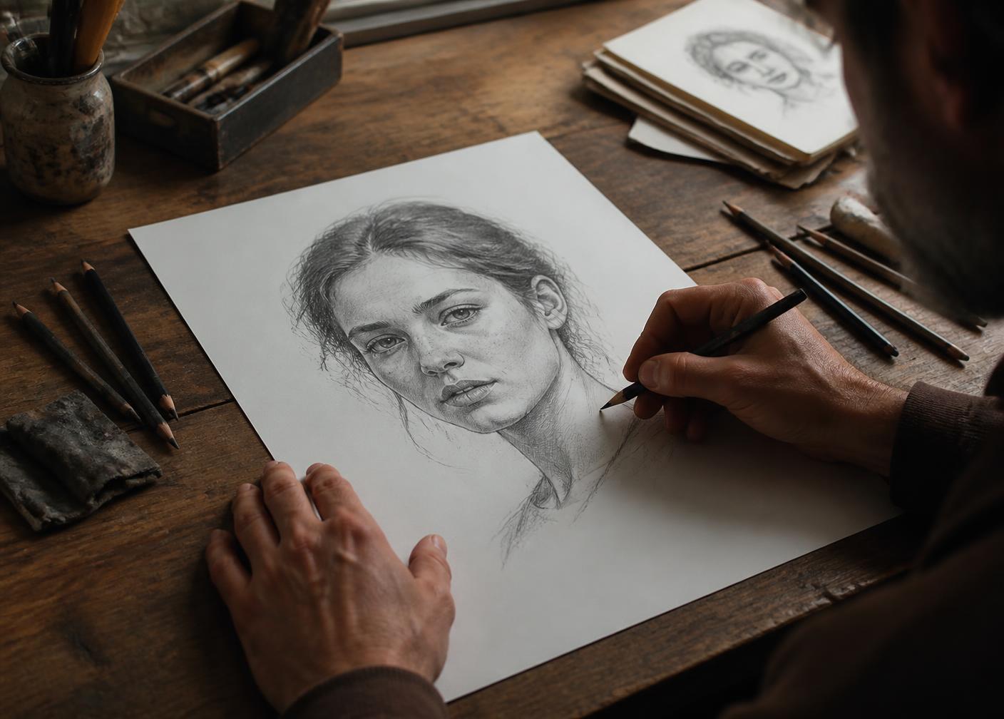 Artist drawing a graphite portrait at a studio desk
